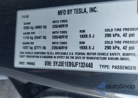 2018 Tesla Model 3 Long Range/Performance from USA, damaged, VIN 5YJ3E1EB9JF132448